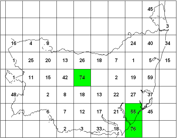 New species counts per ten km in 2005